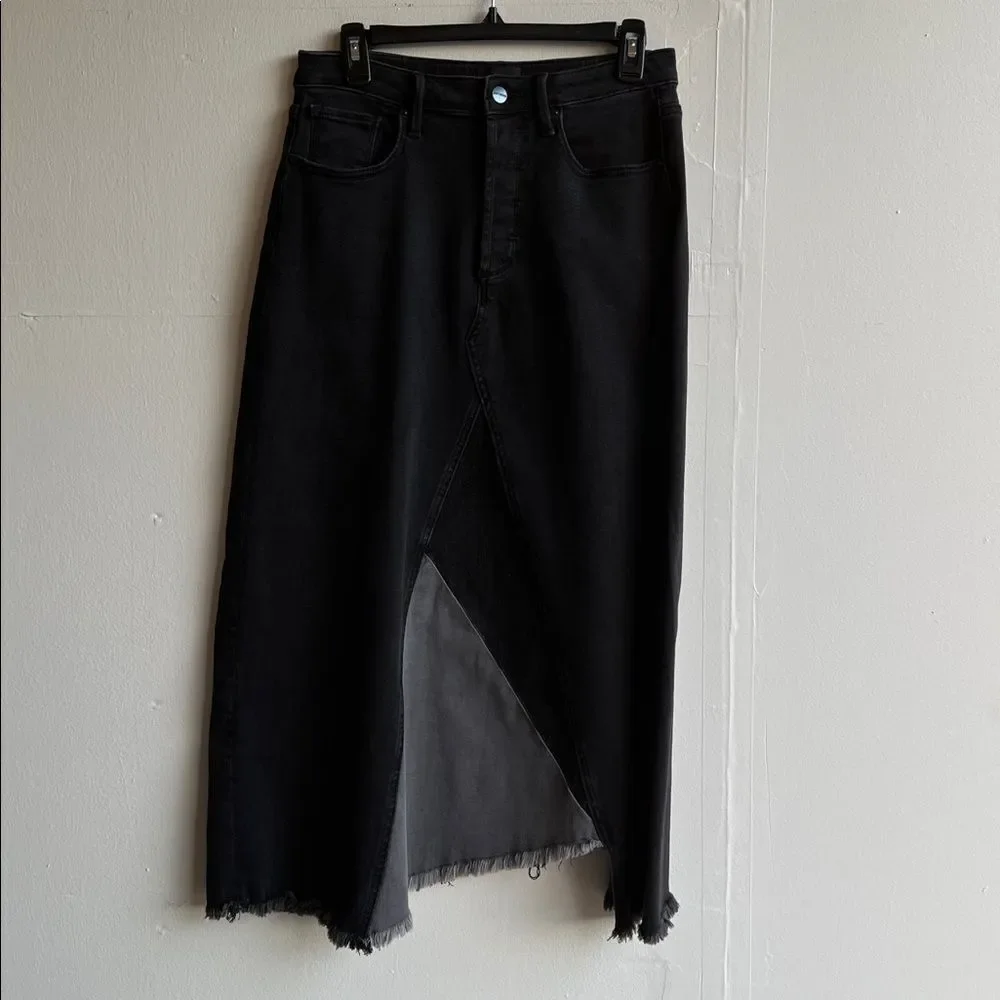 Free People Driftwood Katie Midi Maxi Skirt Denim Black Gray Frayed in Size 28